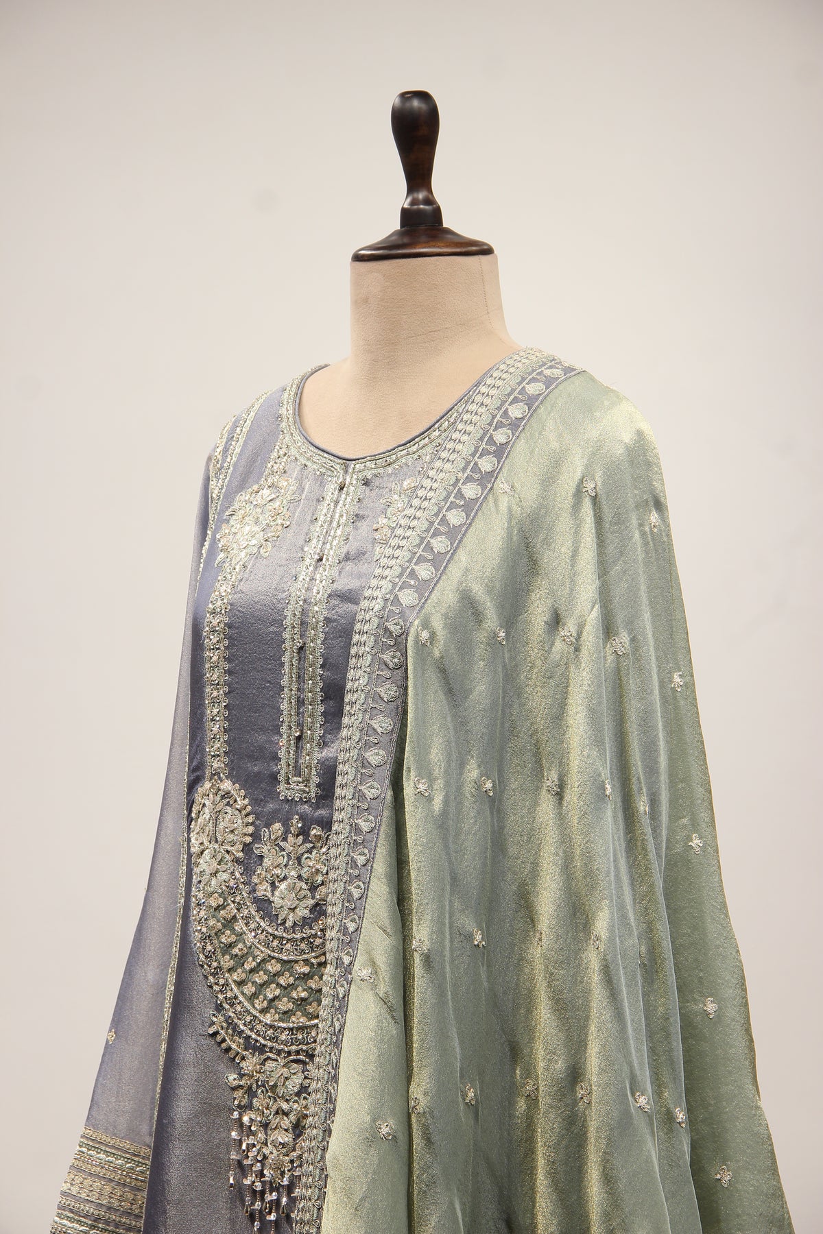 Blue Tissue Pakistani Pant Suit with Cut Dana & Stone Handwork – side close-up