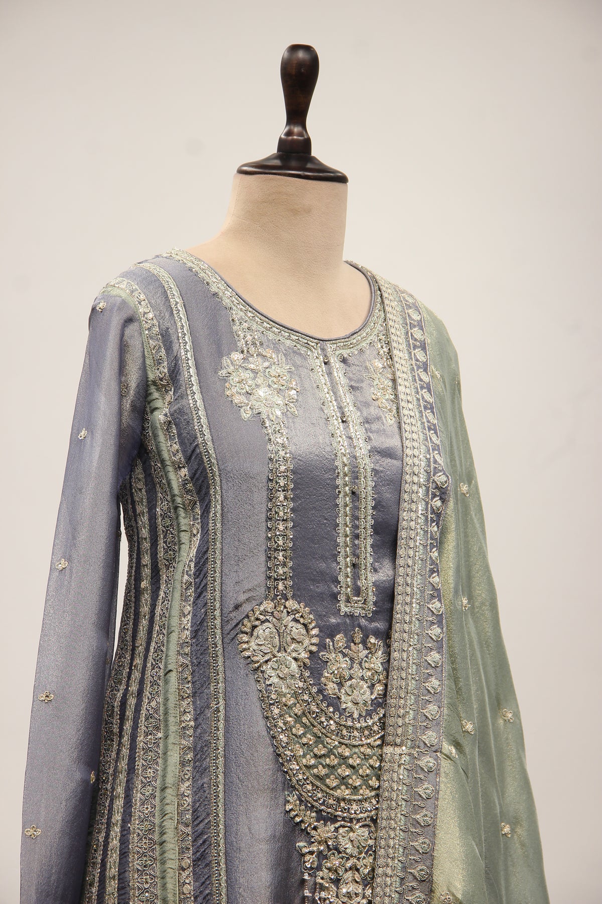 Blue Tissue Pakistani Pant Suit with Cut Dana & Stone Handwork – other side close-up