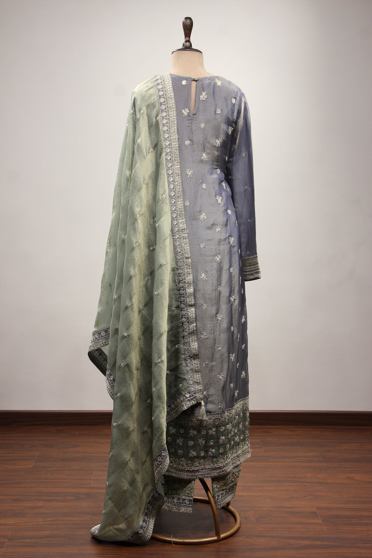 Blue Tissue Pakistani Pant Suit with Cut Dana & Stone Handwork – back view