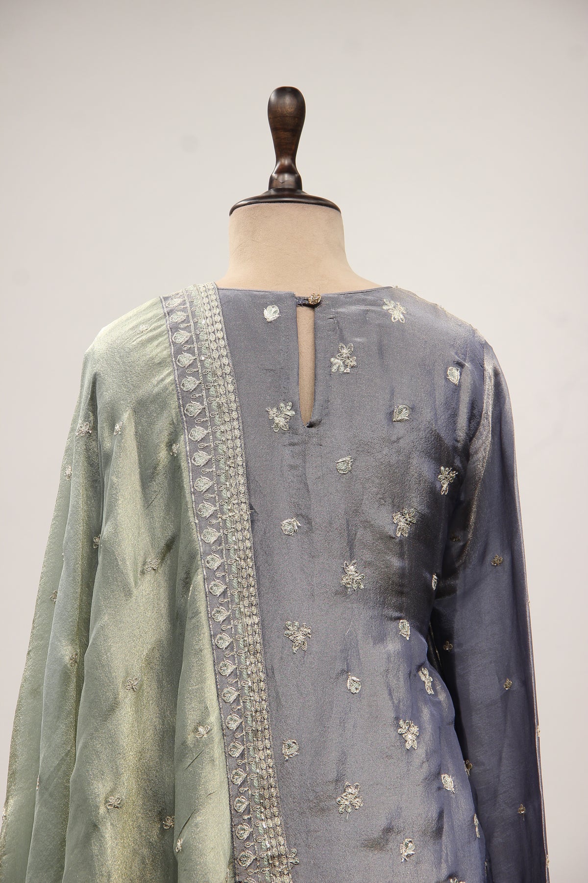 Blue Tissue Pakistani Pant Suit with Cut Dana & Stone Handwork – back close-up