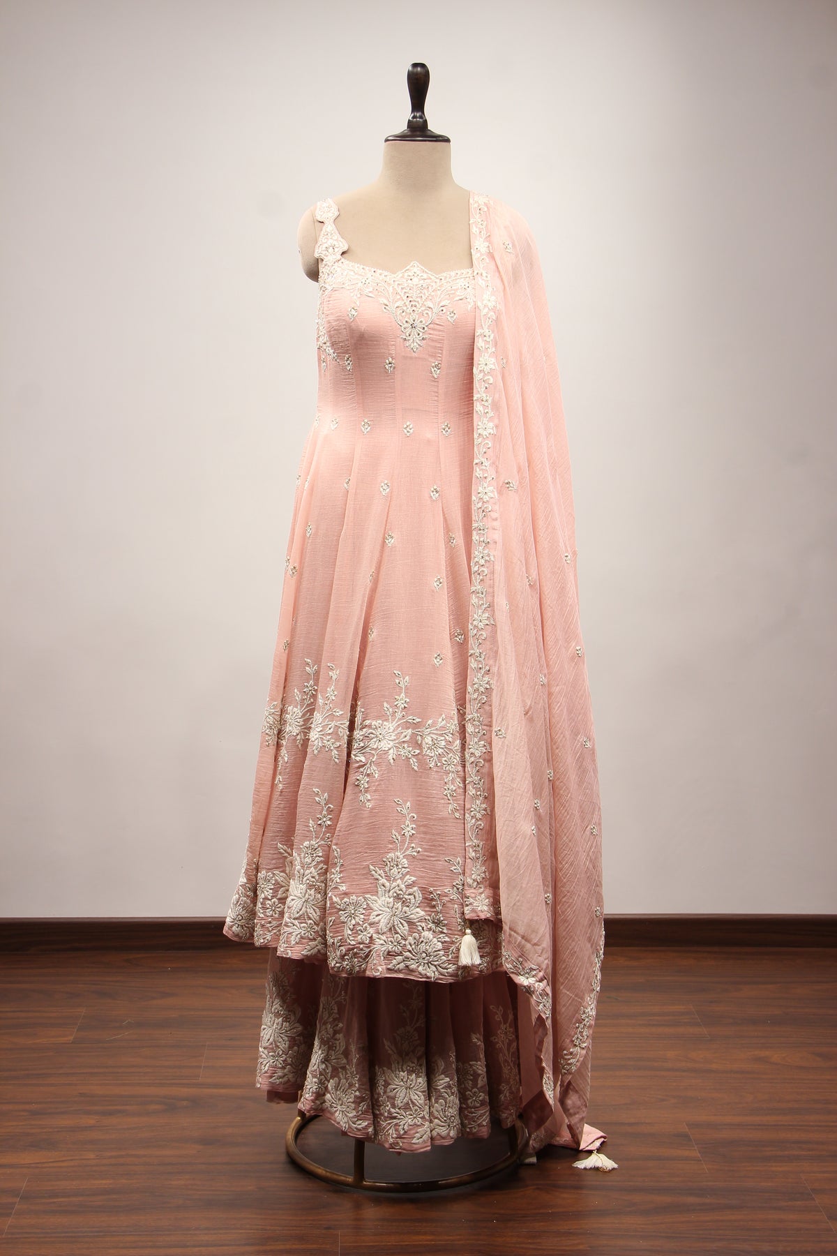 Pink Chanderi Short Anarkali Pant Suit with Resham & Bead Handwork – front view