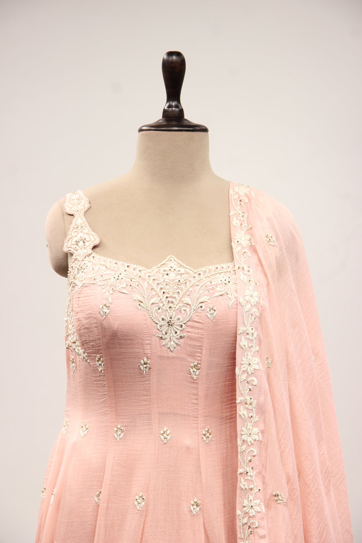Pink Chanderi Short Anarkali Pant Suit with Resham & Bead Handwork – front close-up