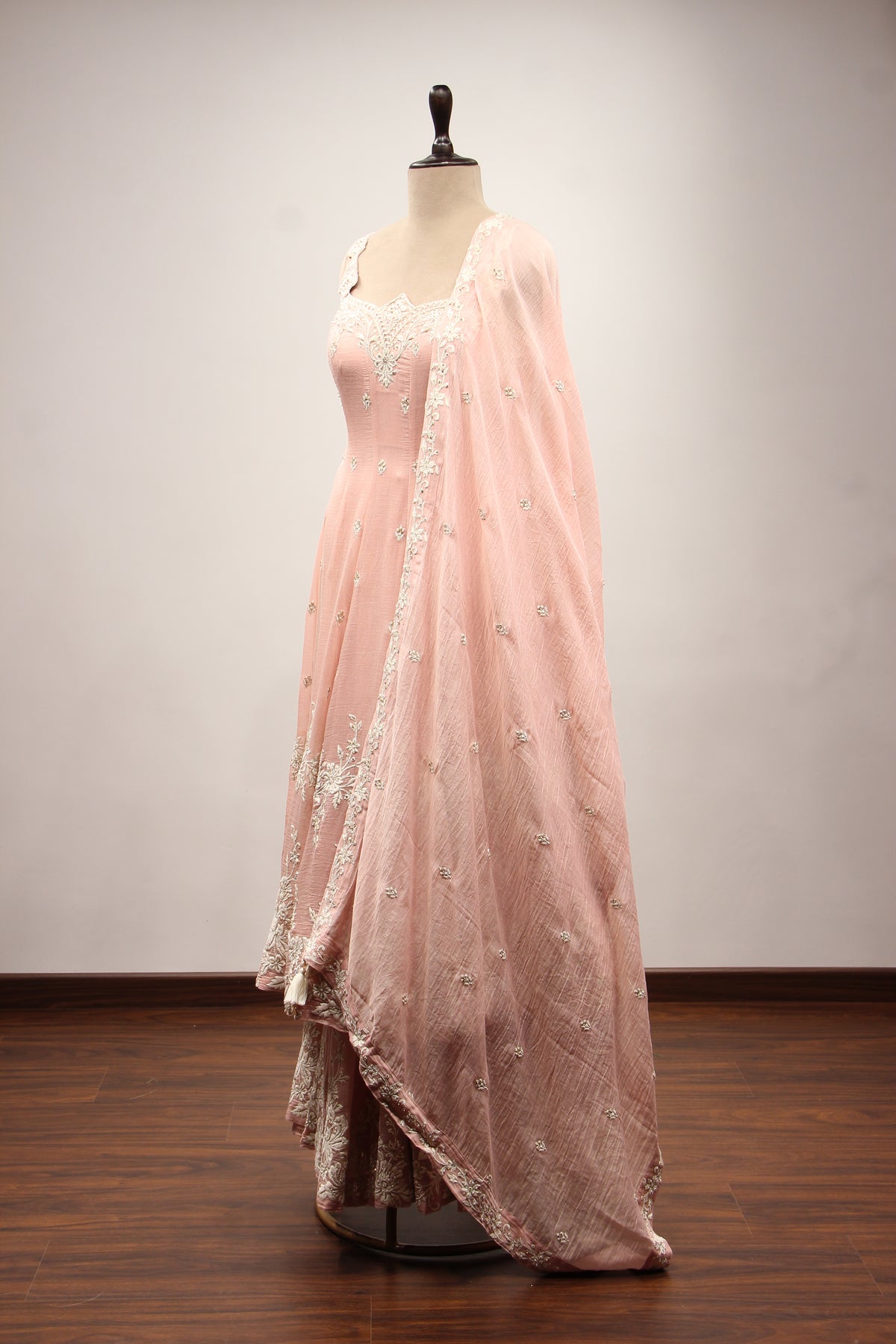 Pink Chanderi Short Anarkali Pant Suit with Resham & Bead Handwork – side view