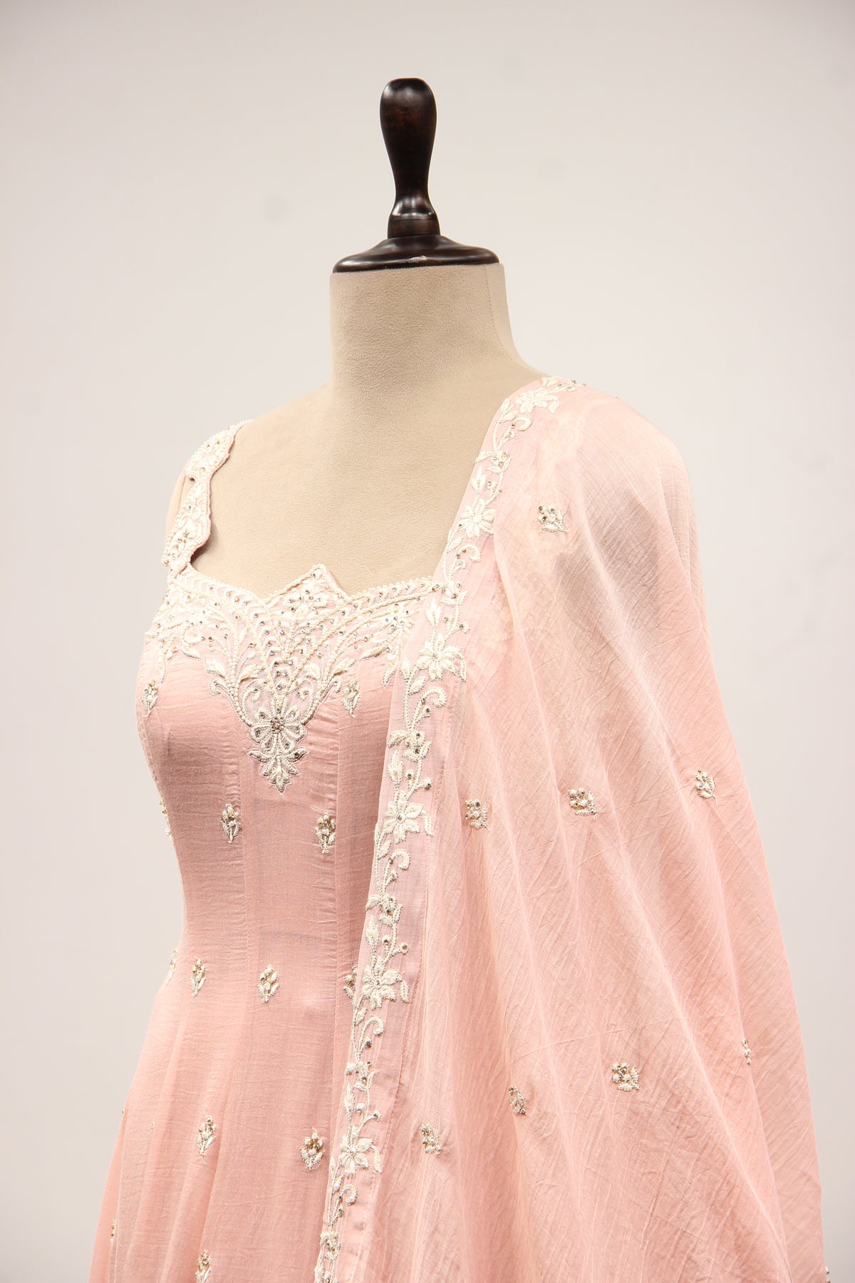 Pink Chanderi Short Anarkali Pant Suit with Resham & Bead Handwork – side close-up
