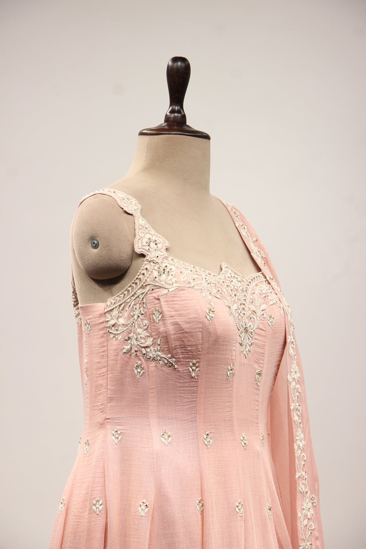 Pink Chanderi Short Anarkali Pant Suit with Resham & Bead Handwork – other side close-up