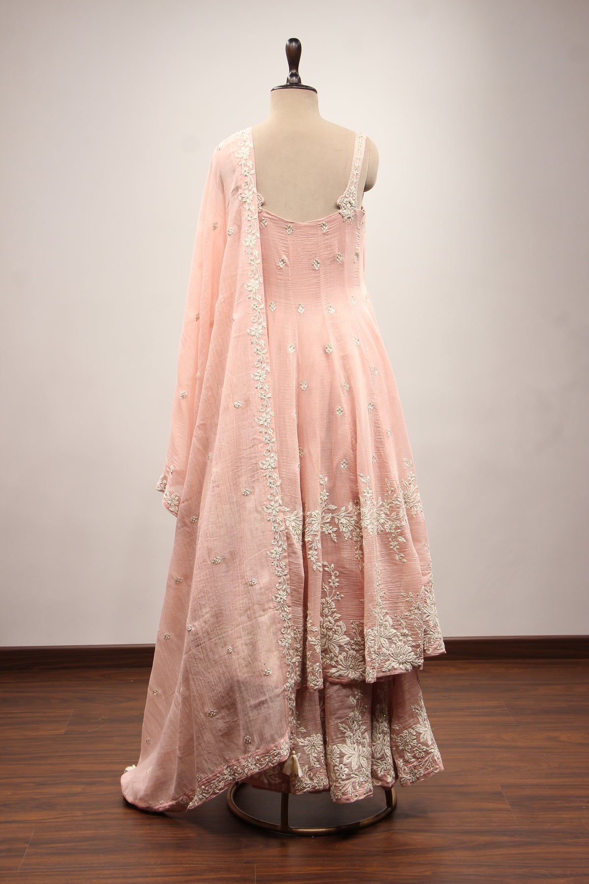 Pink Chanderi Short Anarkali Pant Suit with Resham & Bead Handwork – back view