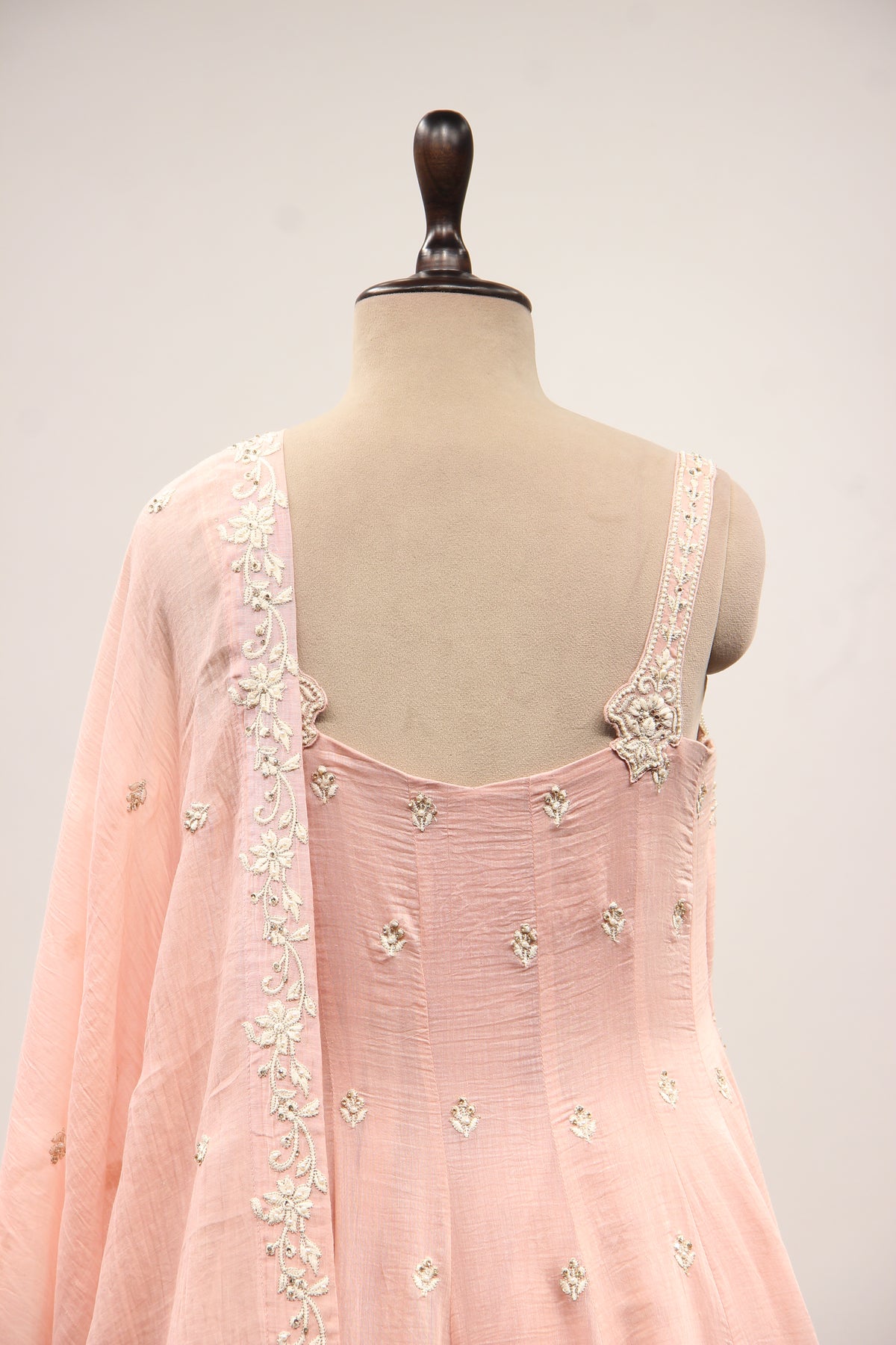 Pink Chanderi Short Anarkali Pant Suit with Resham & Bead Handwork – back close-up