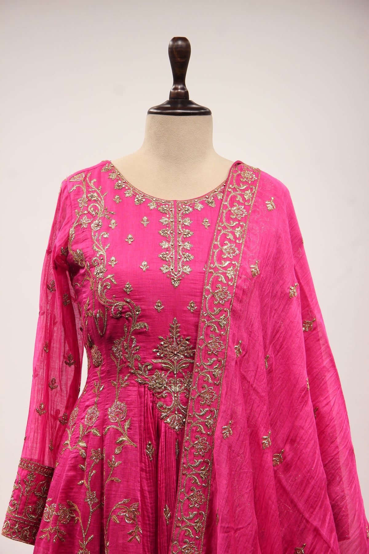Rani Chanderi Short Anarkali Suit with Zari & Resham Handwork Dupatta – front close-up