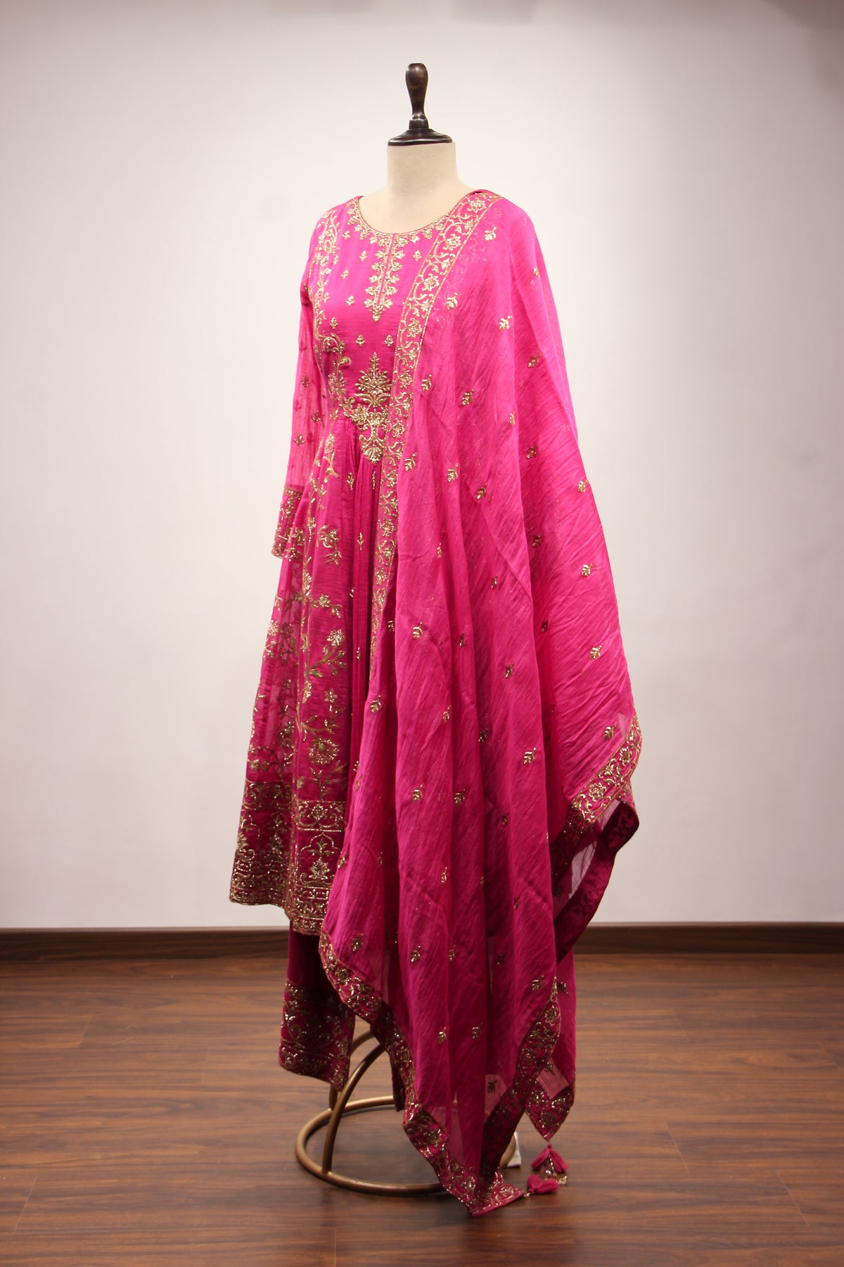Rani Chanderi Short Anarkali Suit with Zari & Resham Handwork Dupatta – side view