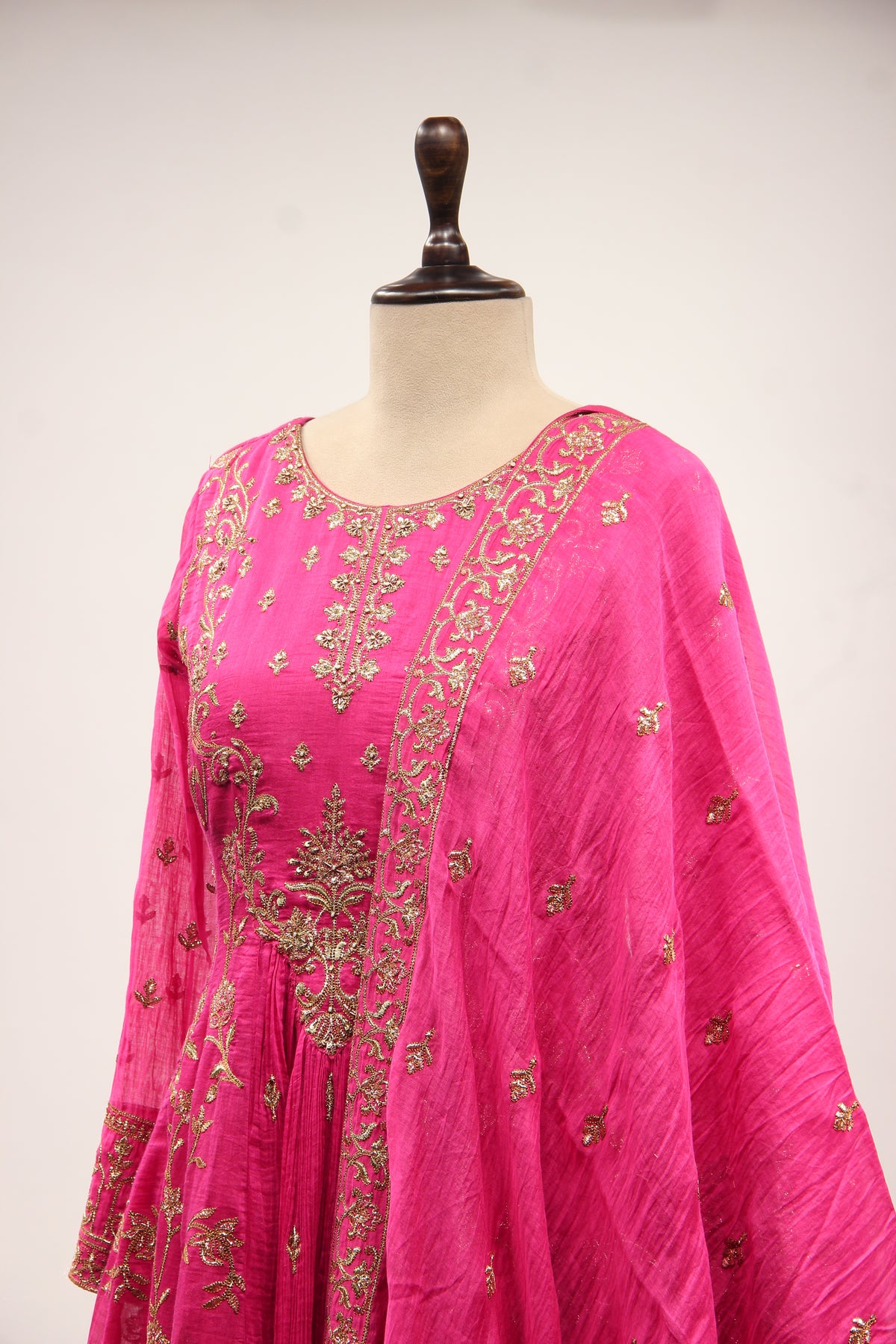 Rani Chanderi Short Anarkali Suit with Zari & Resham Handwork Dupatta – side close-up