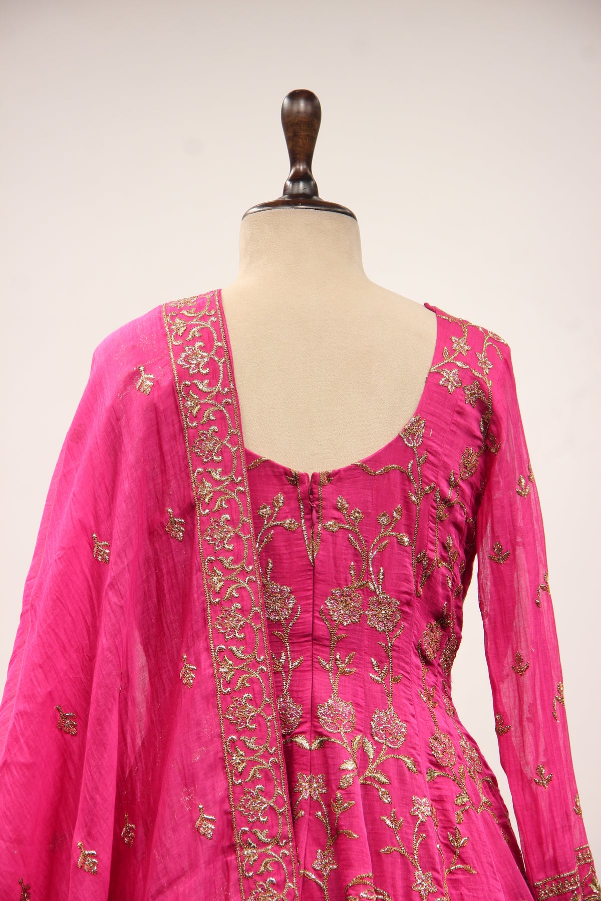 Rani Chanderi Short Anarkali Suit with Zari & Resham Handwork Dupatta – back close-up