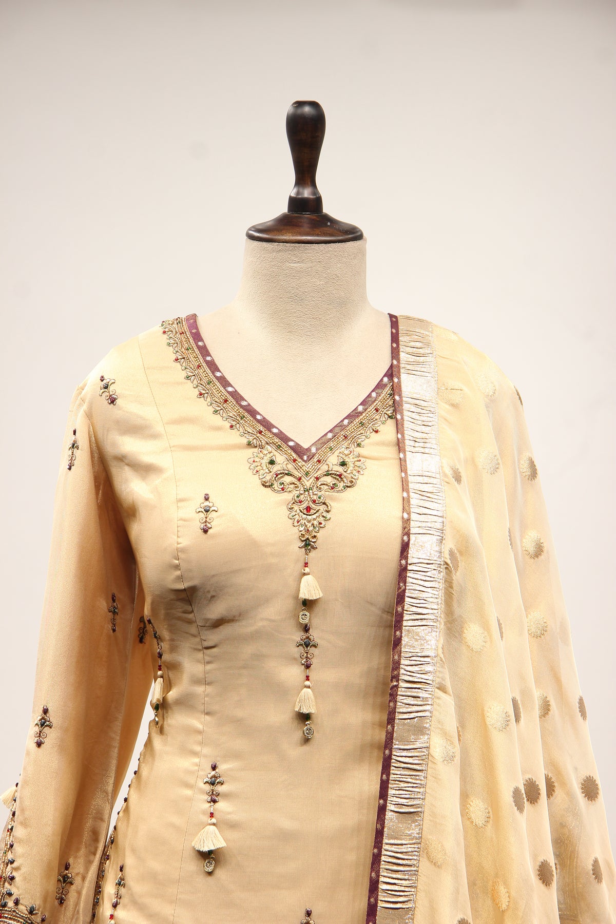 Tissue Sharara Suit with Gota Patti & Zari Handwork Brocade Dupatta in Gold – front close-up