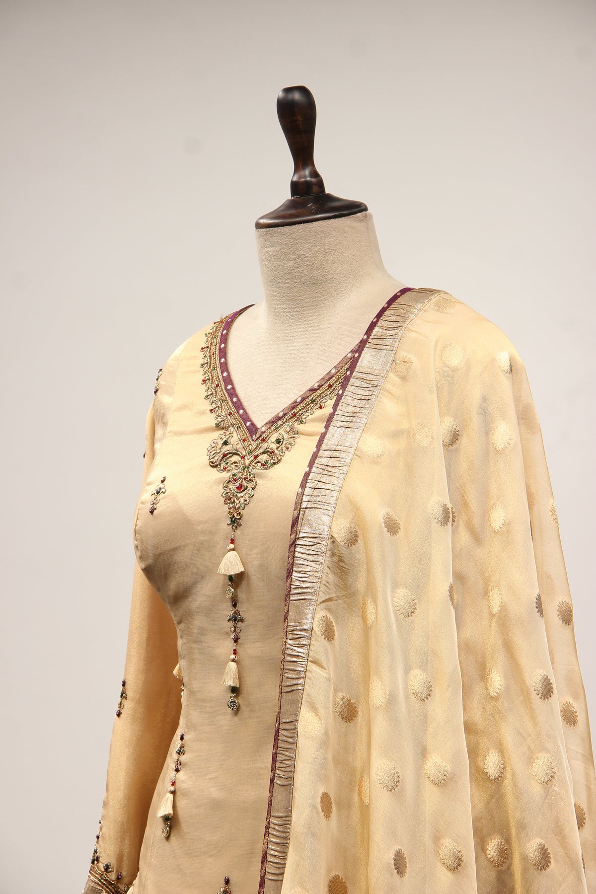 Tissue Sharara Suit with Gota Patti & Zari Handwork Brocade Dupatta in Gold – side close-up