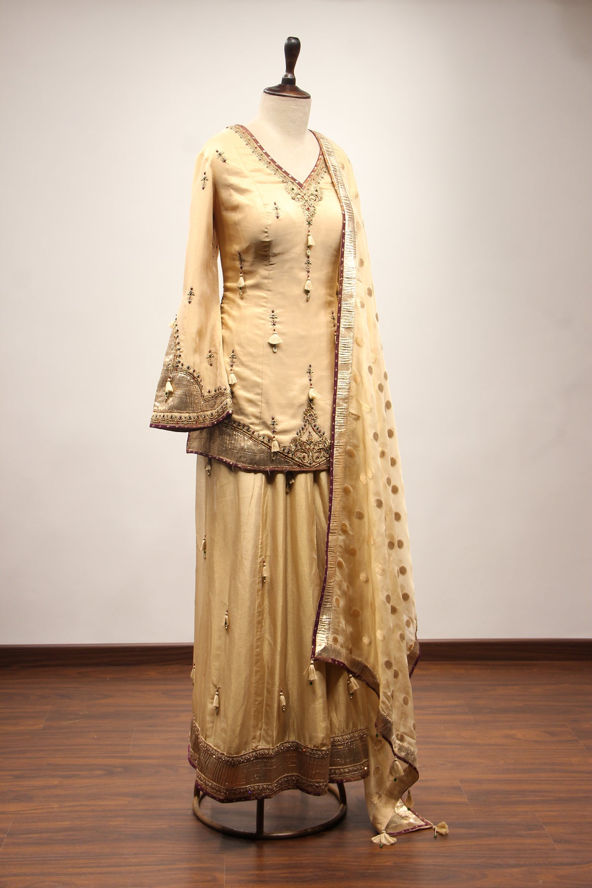Tissue Sharara Suit with Gota Patti & Zari Handwork Brocade Dupatta in Gold – other side view