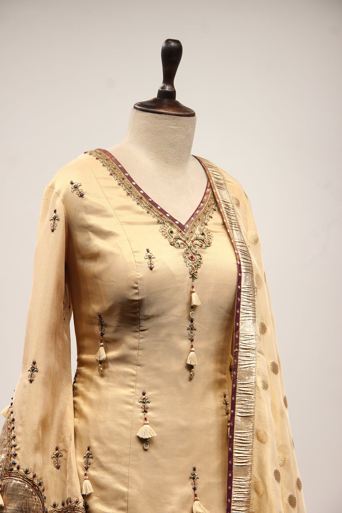 Tissue Sharara Suit with Gota Patti & Zari Handwork Brocade Dupatta in Gold – other side close-up