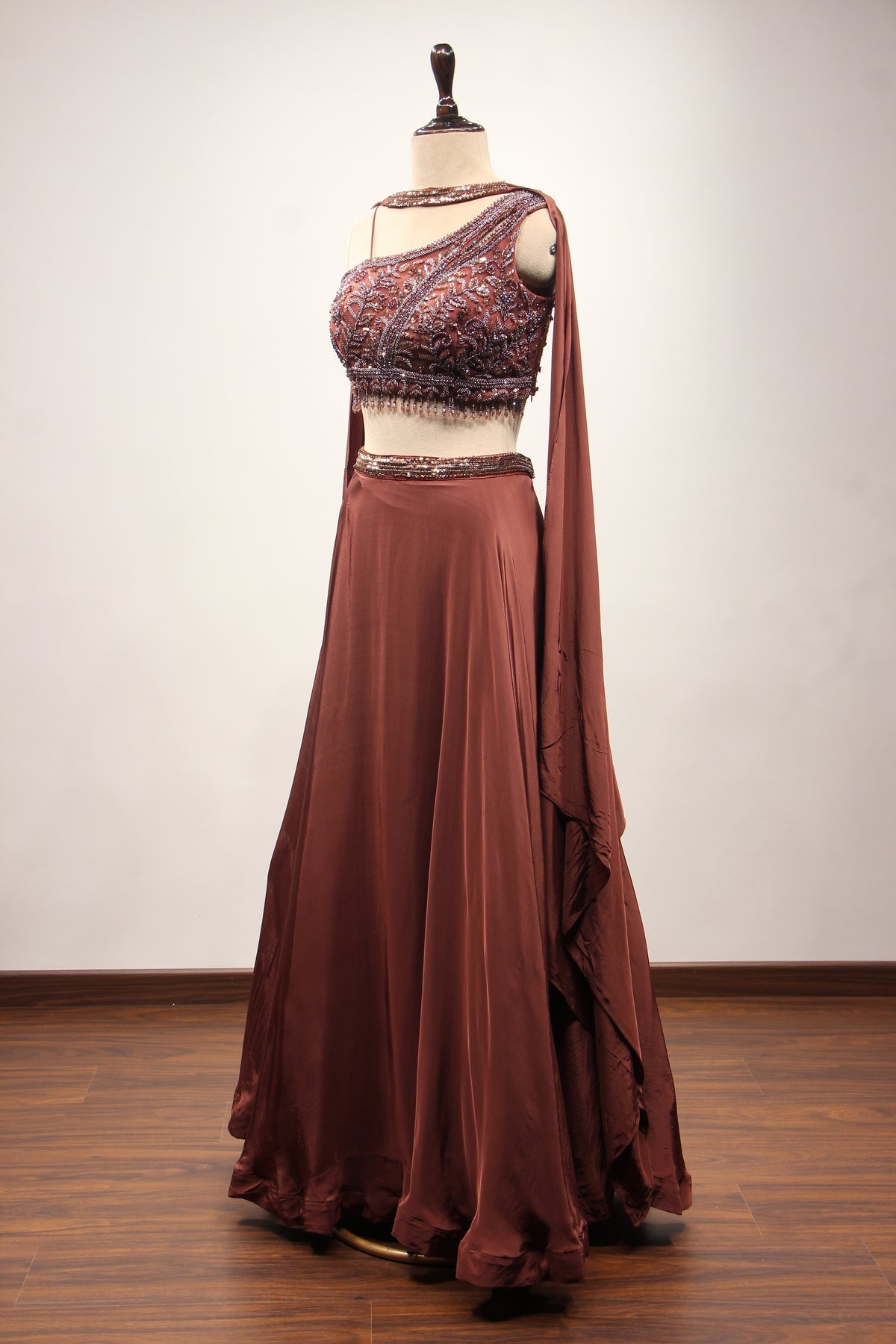 Brown Crepe Off Shoulder Lehenga with Cut Dana & Bead Handwork Top – side view