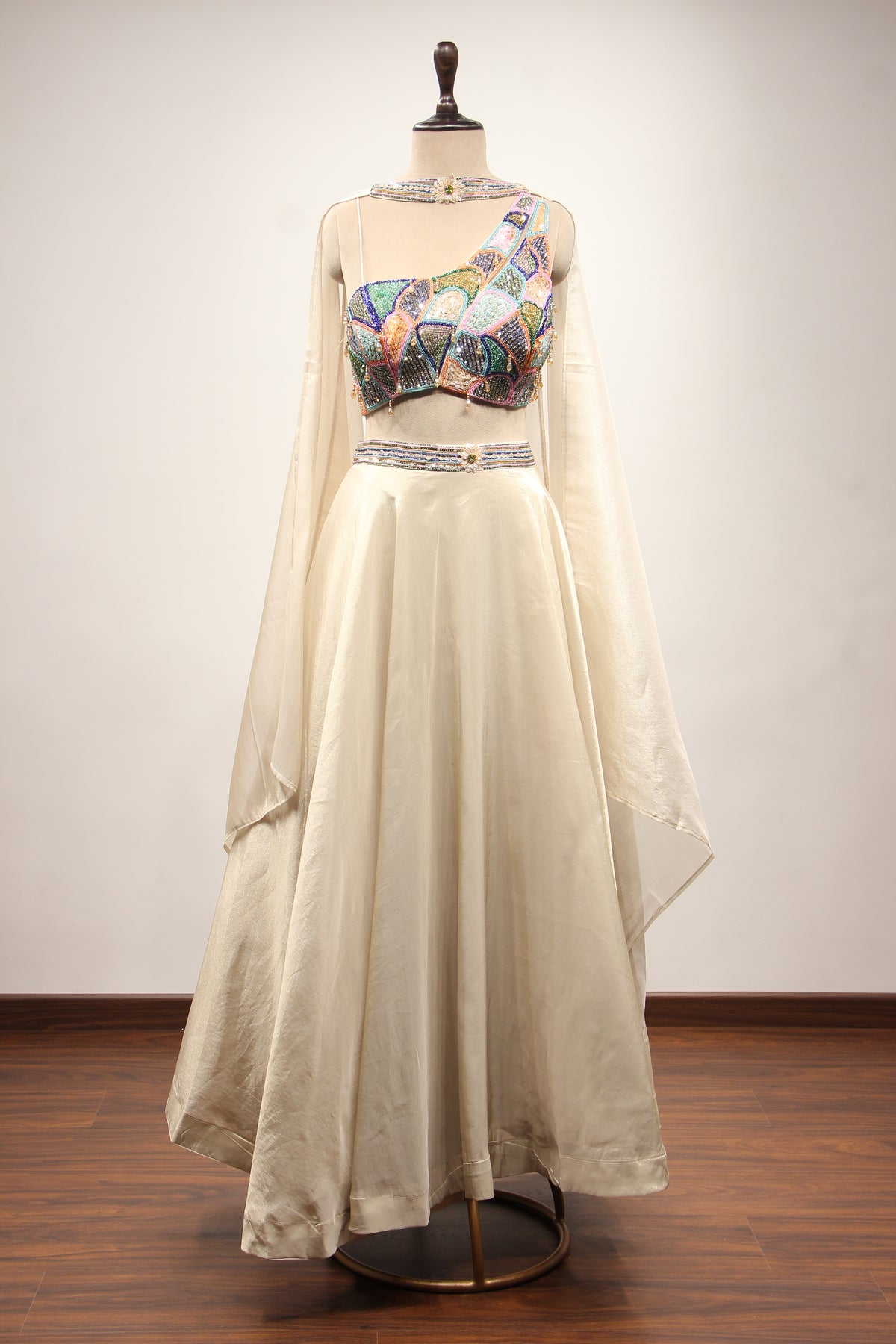 Ivory Shimmer Tissue Lehenga with Sequin & Cut Dana Handwork Crop Top – front view
