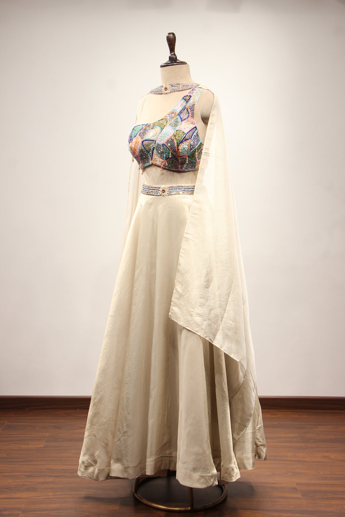 Ivory Shimmer Tissue Lehenga with Sequin & Cut Dana Handwork Crop Top – side view
