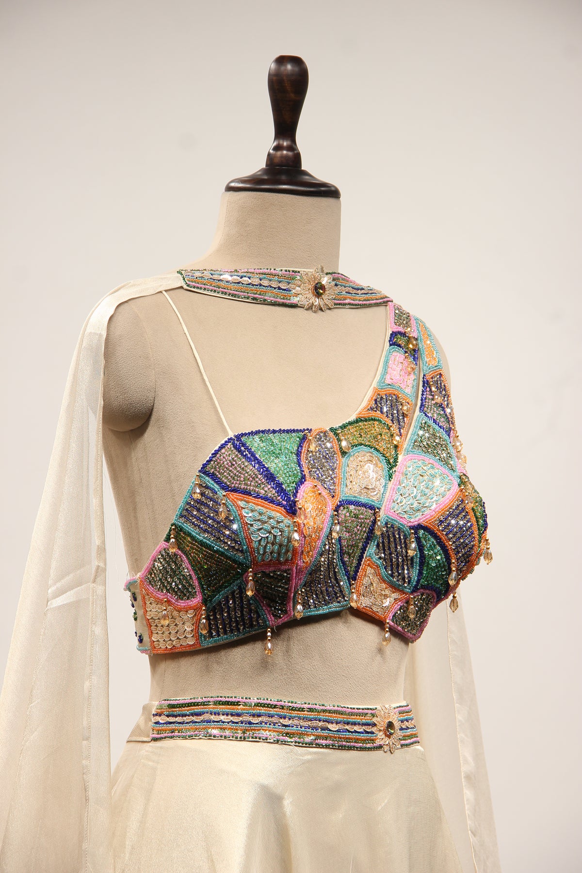 Ivory Shimmer Tissue Lehenga with Sequin & Cut Dana Handwork Crop Top – other side close-up