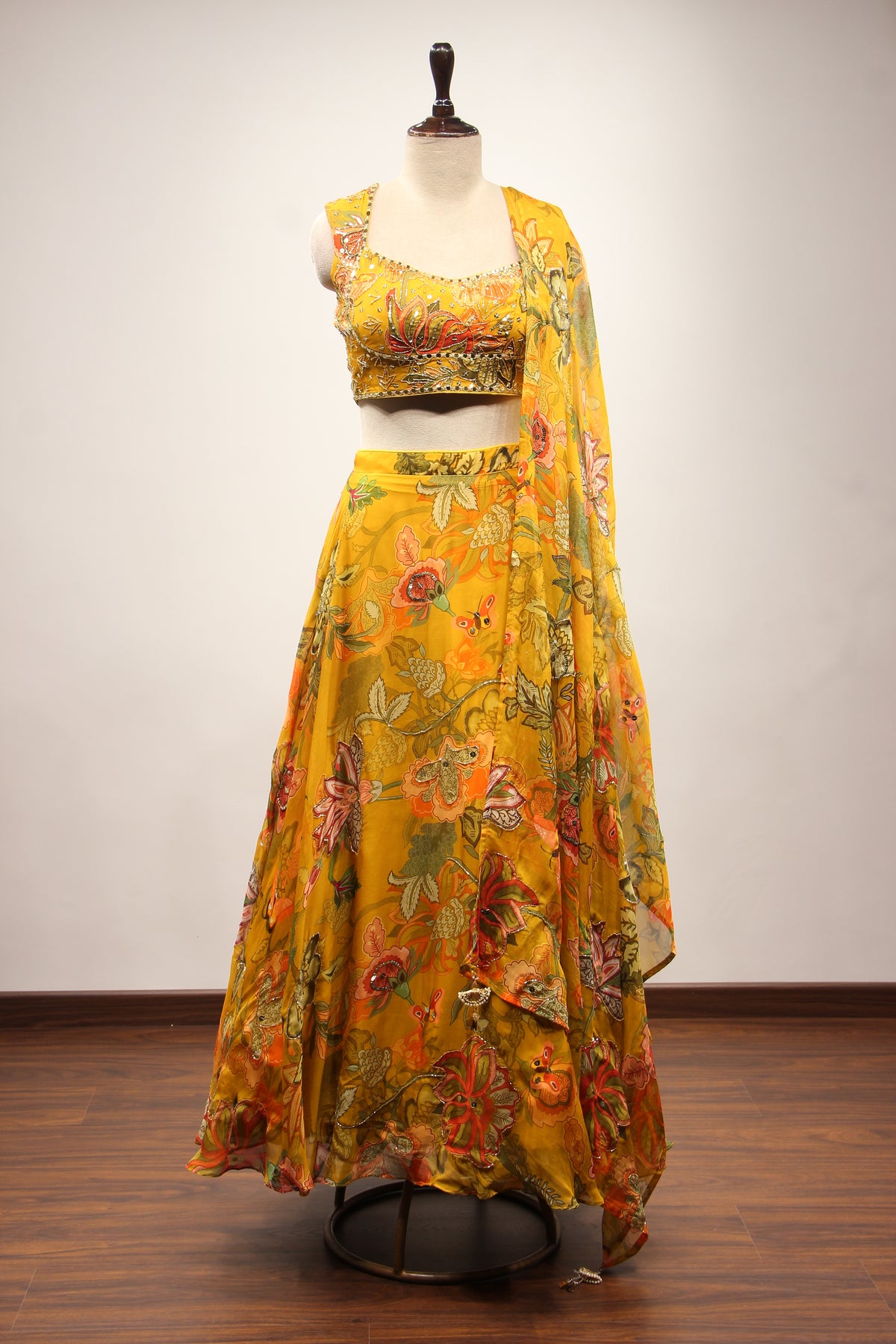 Mustard Floral Organza Lehenga with Printed & Mirror Handwork Crop Top – front view