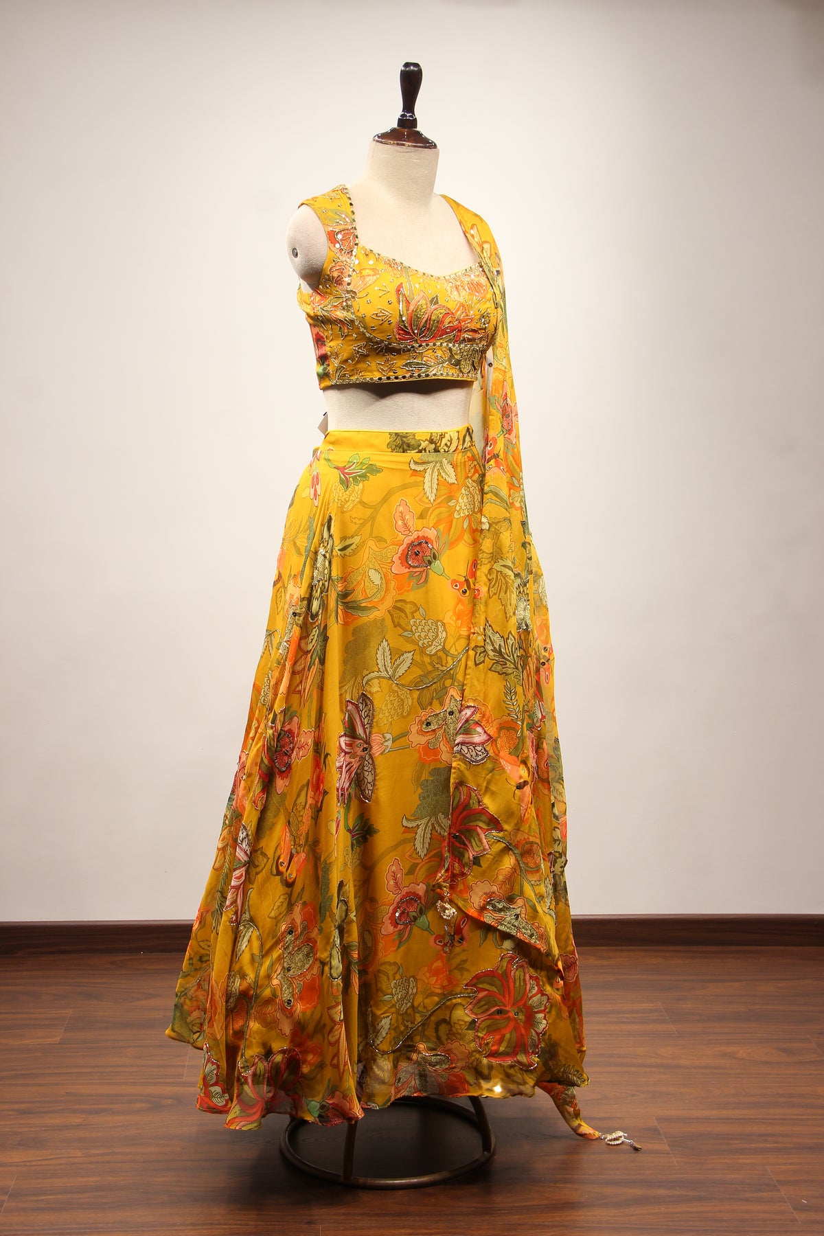 Mustard Floral Organza Lehenga with Printed & Mirror Handwork Crop Top – other side view