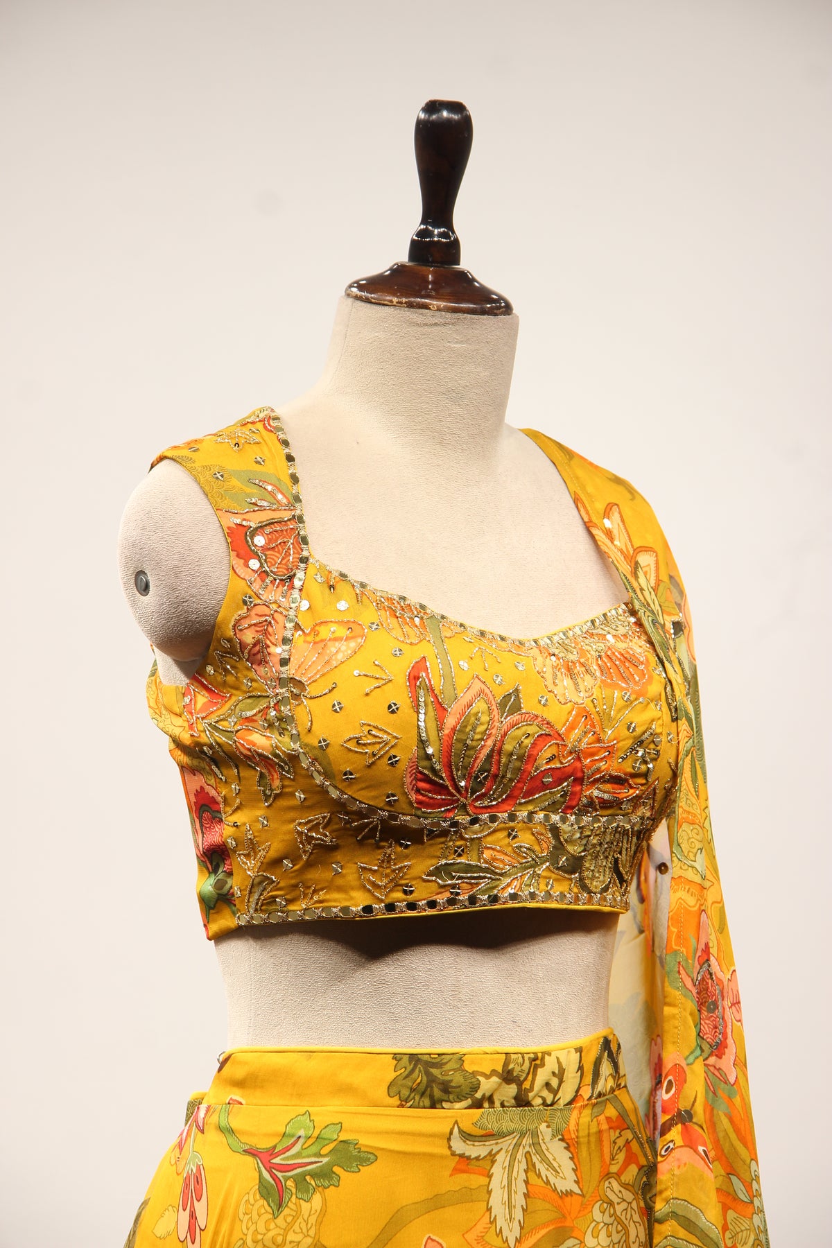 Mustard Floral Organza Lehenga with Printed & Mirror Handwork Crop Top – other side close-up