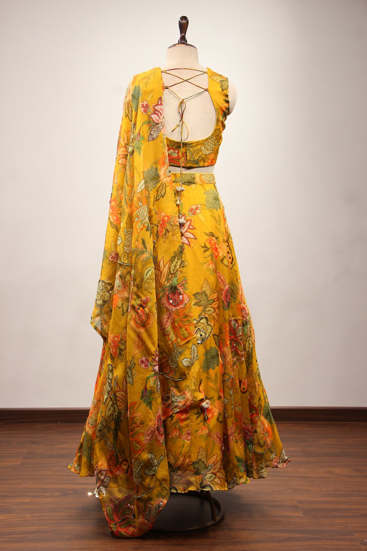 Mustard Floral Organza Lehenga with Printed & Mirror Handwork Crop Top – back view