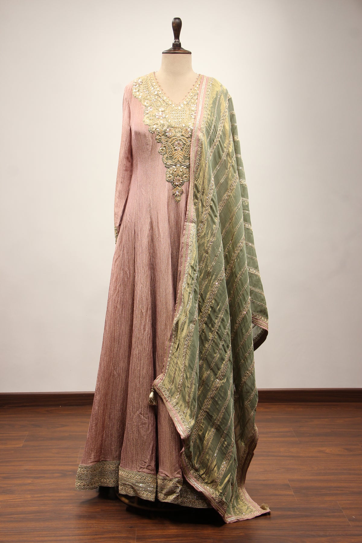 Tissue Anarkali Gown with Full Sleeves, Cut Dana & Sequin Handwork in Pink – front view
