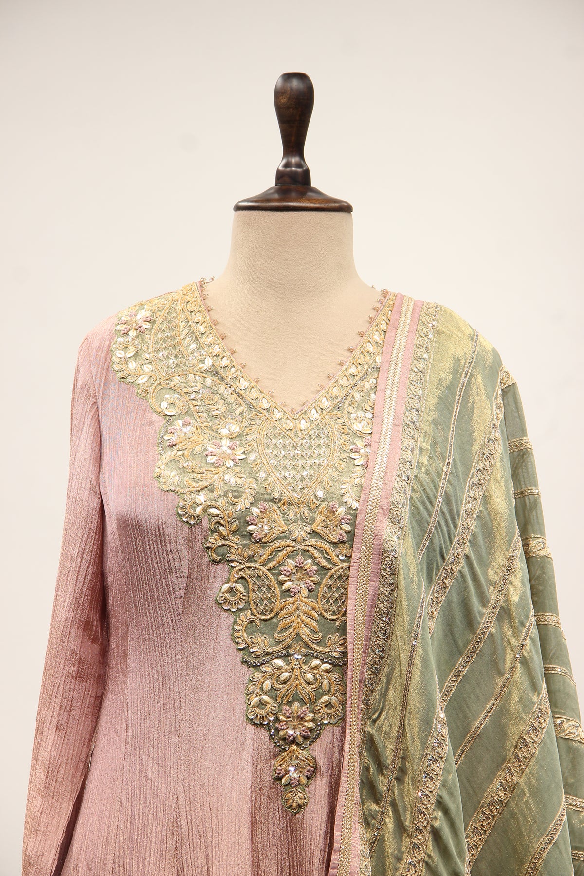 Tissue Anarkali Gown with Full Sleeves, Cut Dana & Sequin Handwork in Pink – front close-up