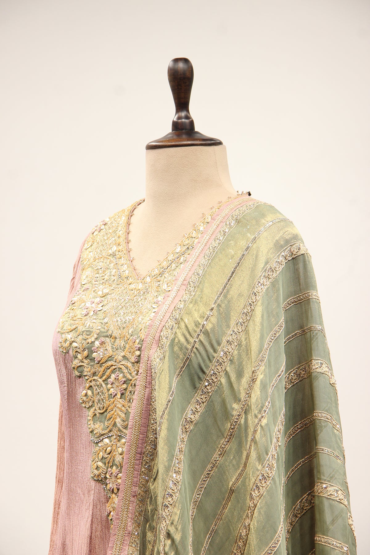 Tissue Anarkali Gown with Full Sleeves, Cut Dana & Sequin Handwork in Pink – side close-up