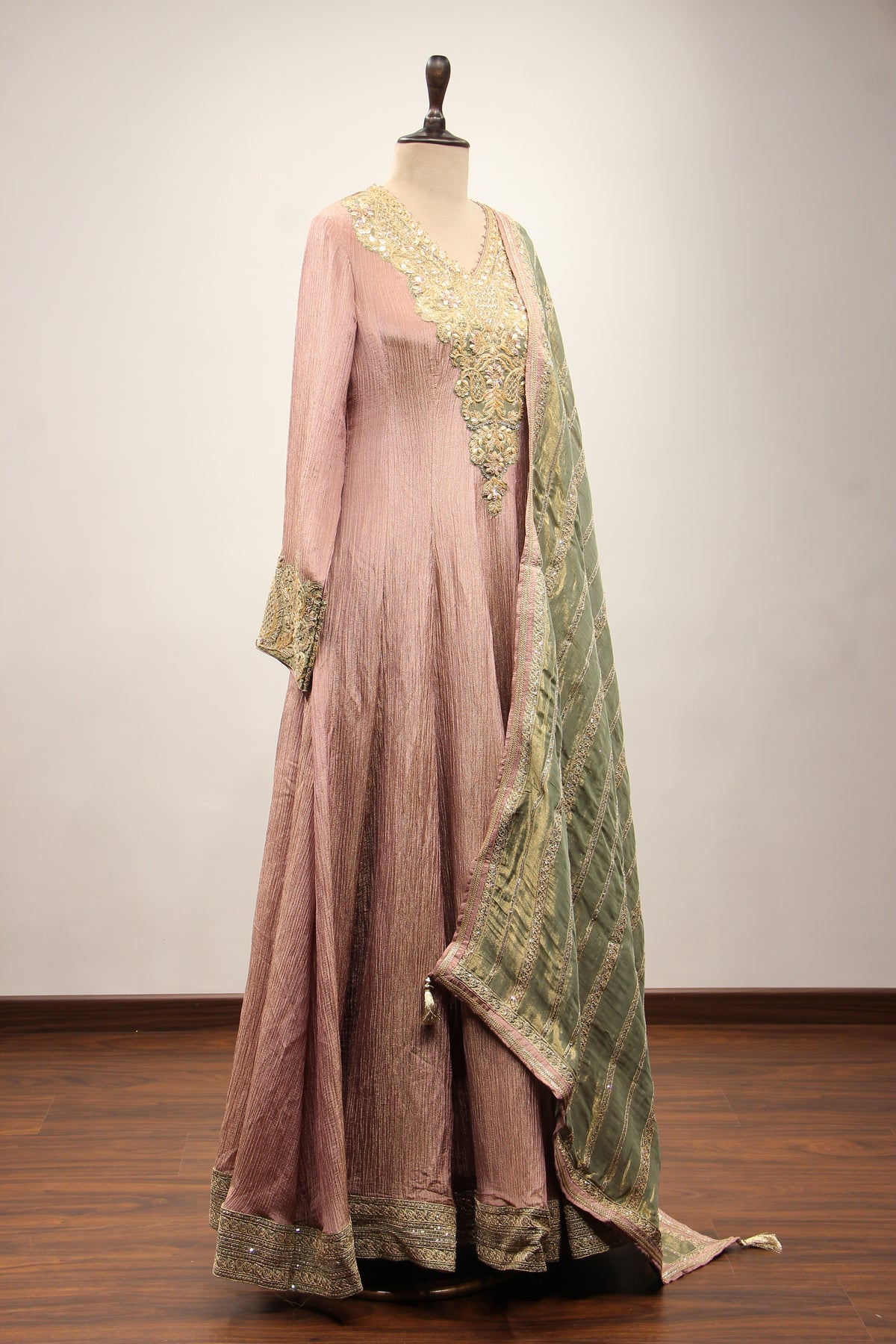 Tissue Anarkali Gown with Full Sleeves, Cut Dana & Sequin Handwork in Pink – other side view