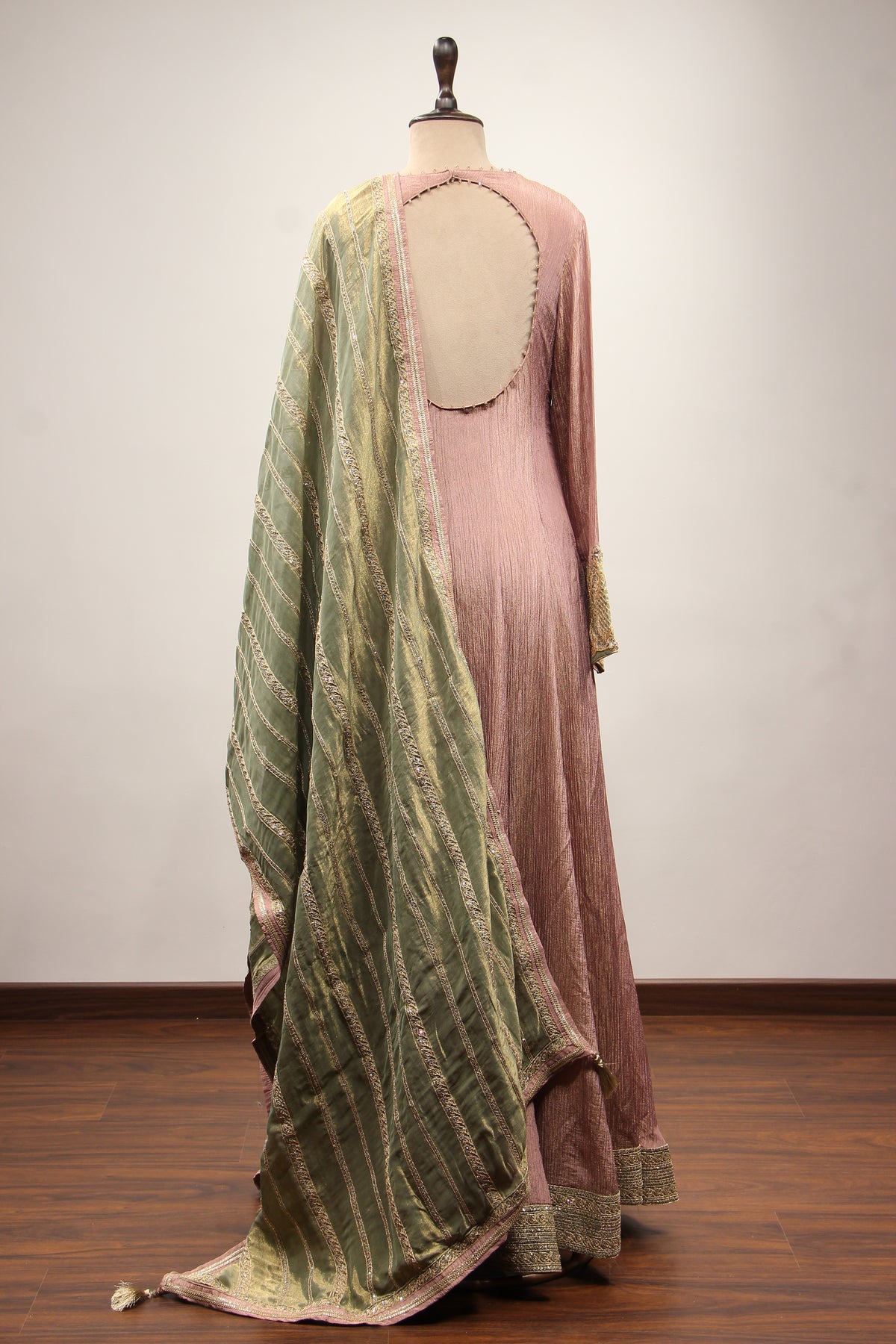 Tissue Anarkali Gown with Full Sleeves, Cut Dana & Sequin Handwork in Pink – back view