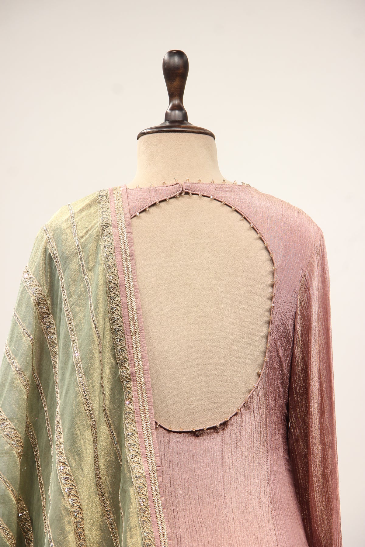 Tissue Anarkali Gown with Full Sleeves, Cut Dana & Sequin Handwork in Pink – back close-up