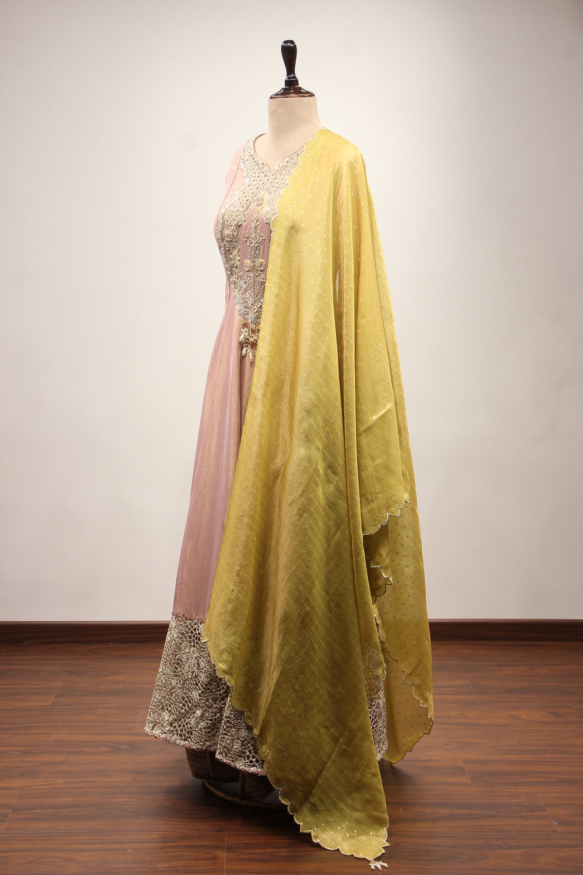 Tissue Floor Length Anarkali Gown with Zari & Sequin Handwork Border in Pink – side view