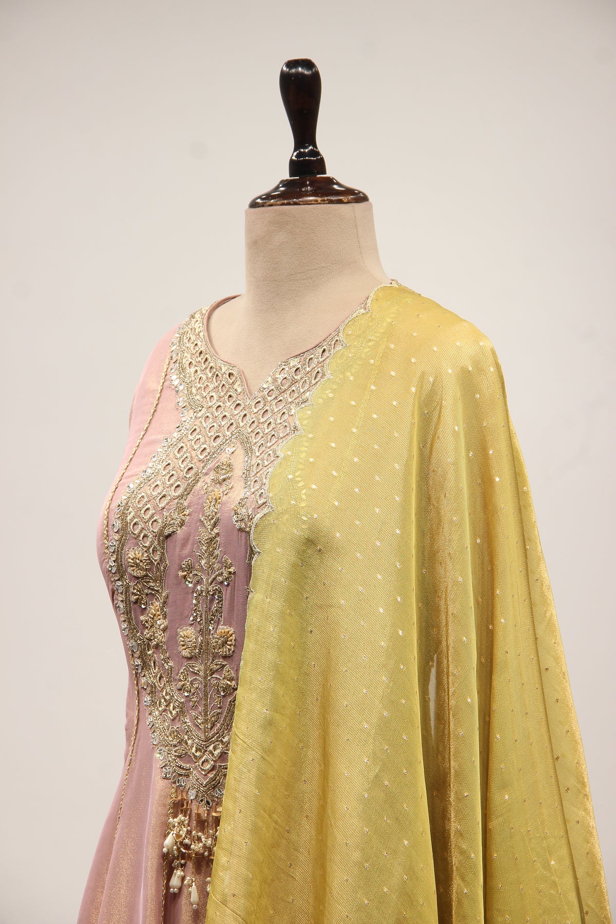 Tissue Floor Length Anarkali Gown with Zari & Sequin Handwork Border in Pink – side close-up