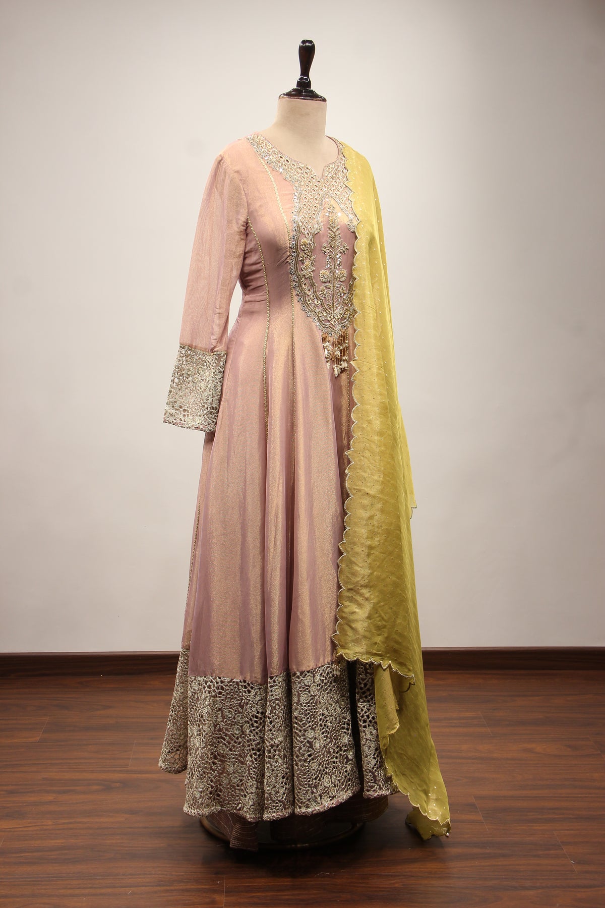 Tissue Floor Length Anarkali Gown with Zari & Sequin Handwork Border in Pink – other side view