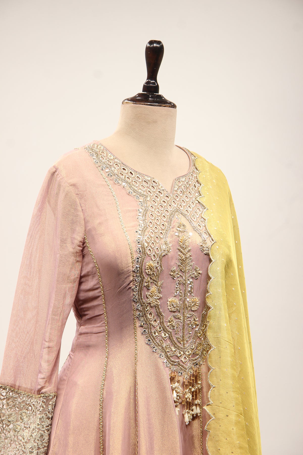 Tissue Floor Length Anarkali Gown with Zari & Sequin Handwork Border in Pink – other side close-up