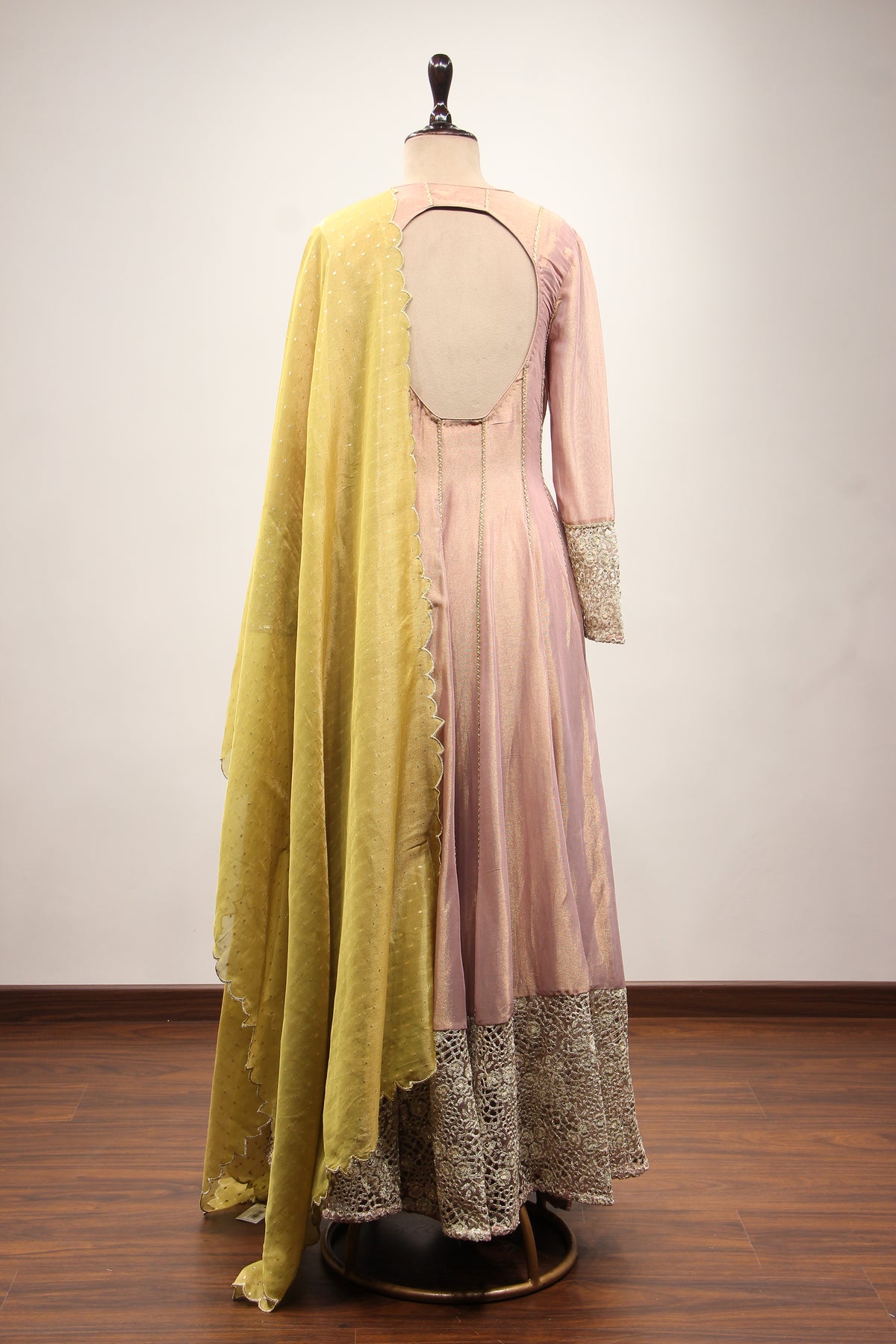 Tissue Floor Length Anarkali Gown with Zari & Sequin Handwork Border in Pink – back view