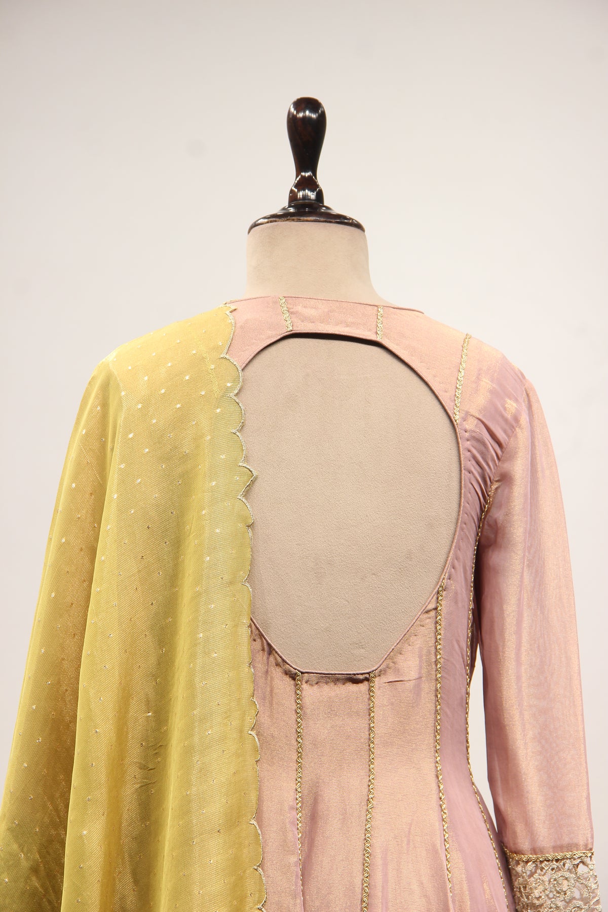 Tissue Floor Length Anarkali Gown with Zari & Sequin Handwork Border in Pink – back close-up