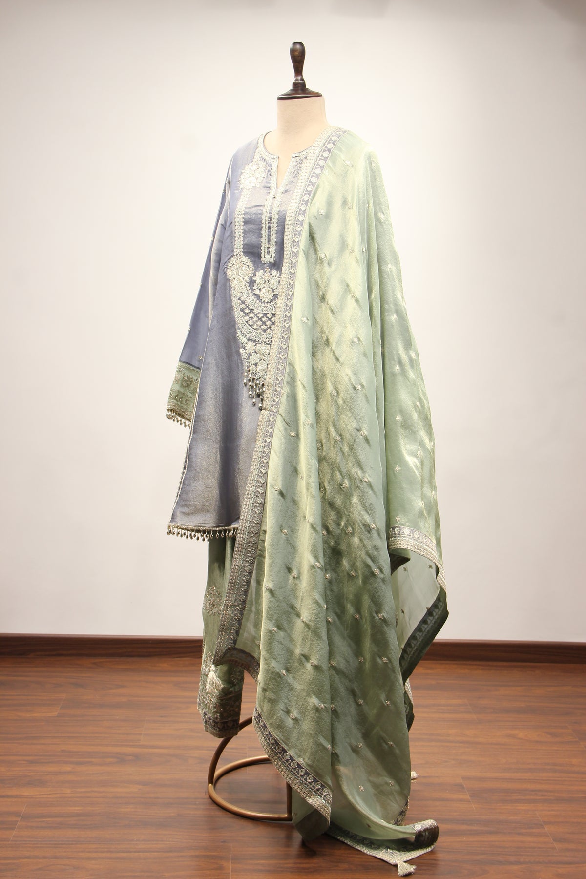 Blue Tissue Farshi Salwar Suit with Zari & Resham Handwork – side view