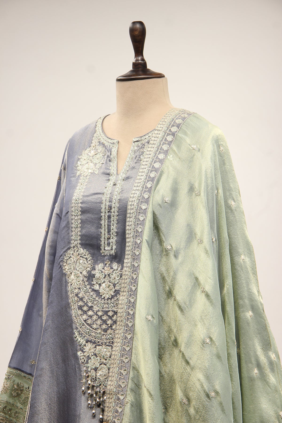 Blue Tissue Farshi Salwar Suit with Zari & Resham Handwork – side close-up