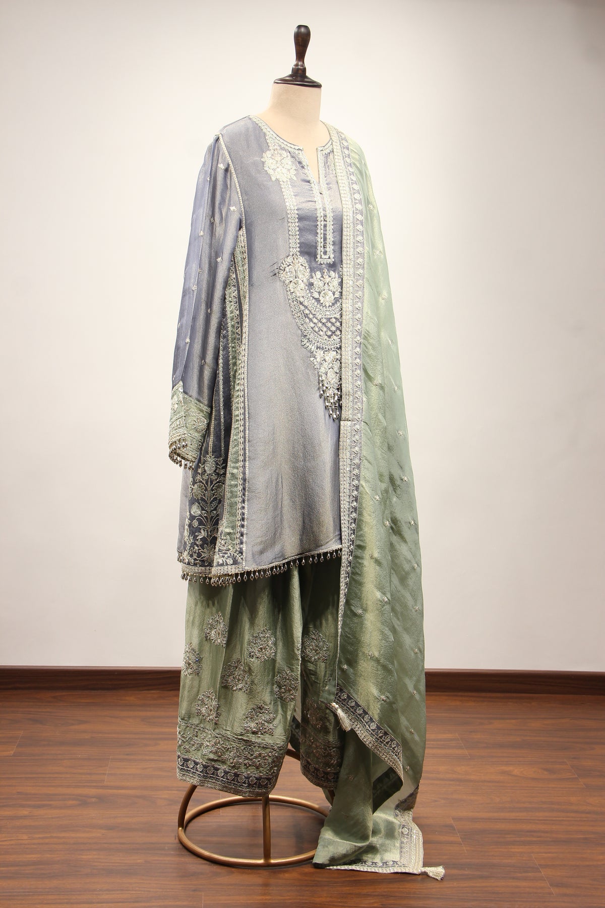 Blue Tissue Farshi Salwar Suit with Zari & Resham Handwork – other side view