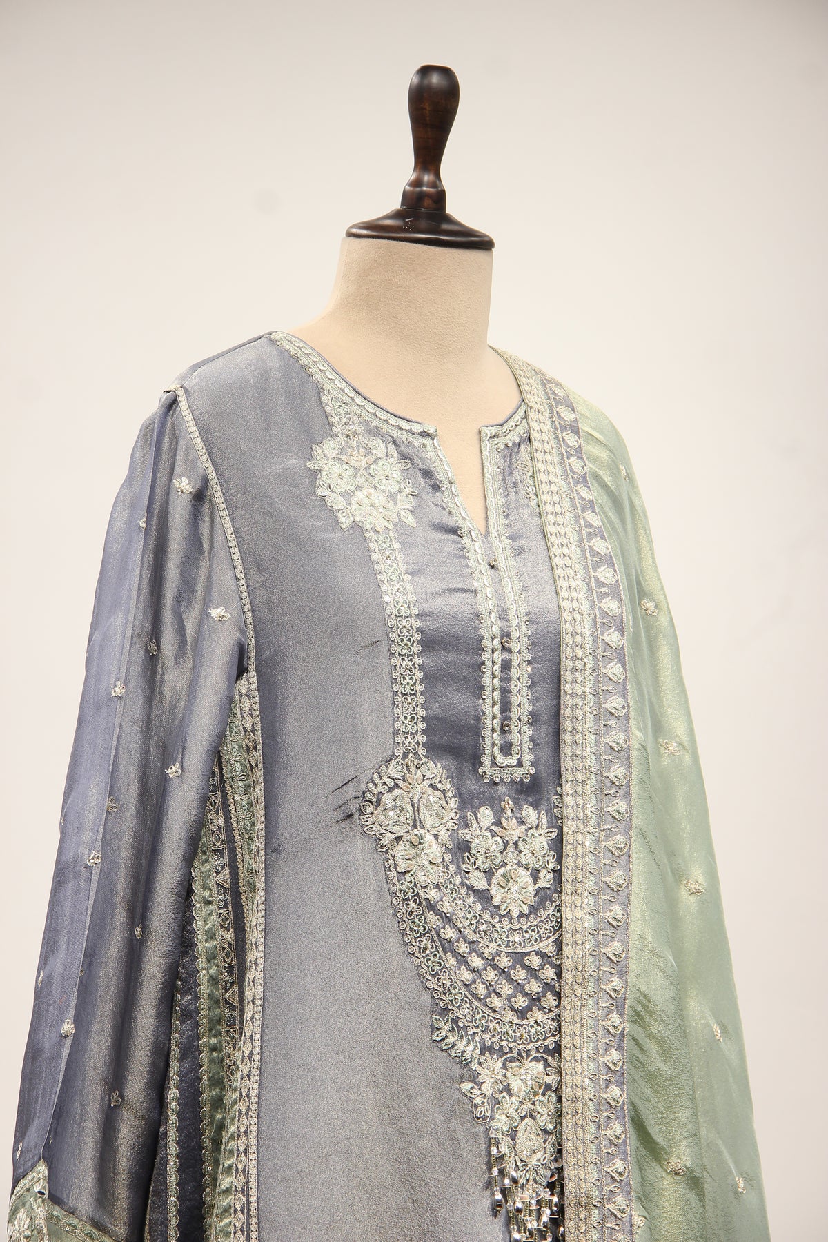 Blue Tissue Farshi Salwar Suit with Zari & Resham Handwork – other side close-up