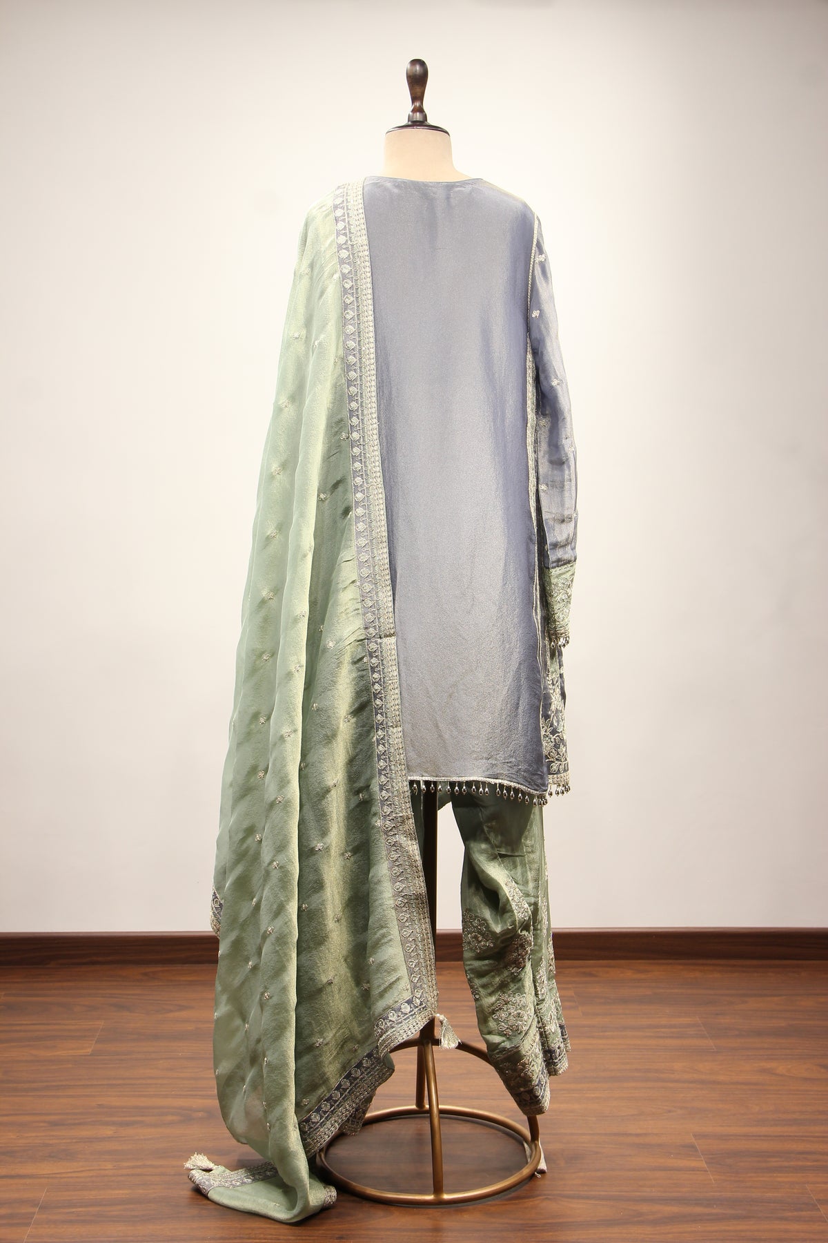 Blue Tissue Farshi Salwar Suit with Zari & Resham Handwork – back view
