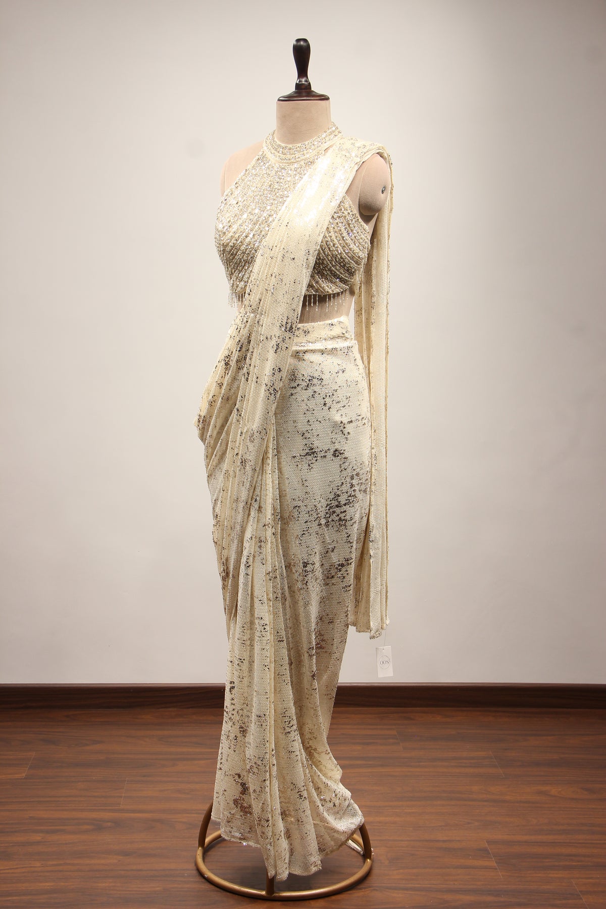 Imported Halter Neck Drape Saree with Mirror & Sequin Handwork in Cream – side view