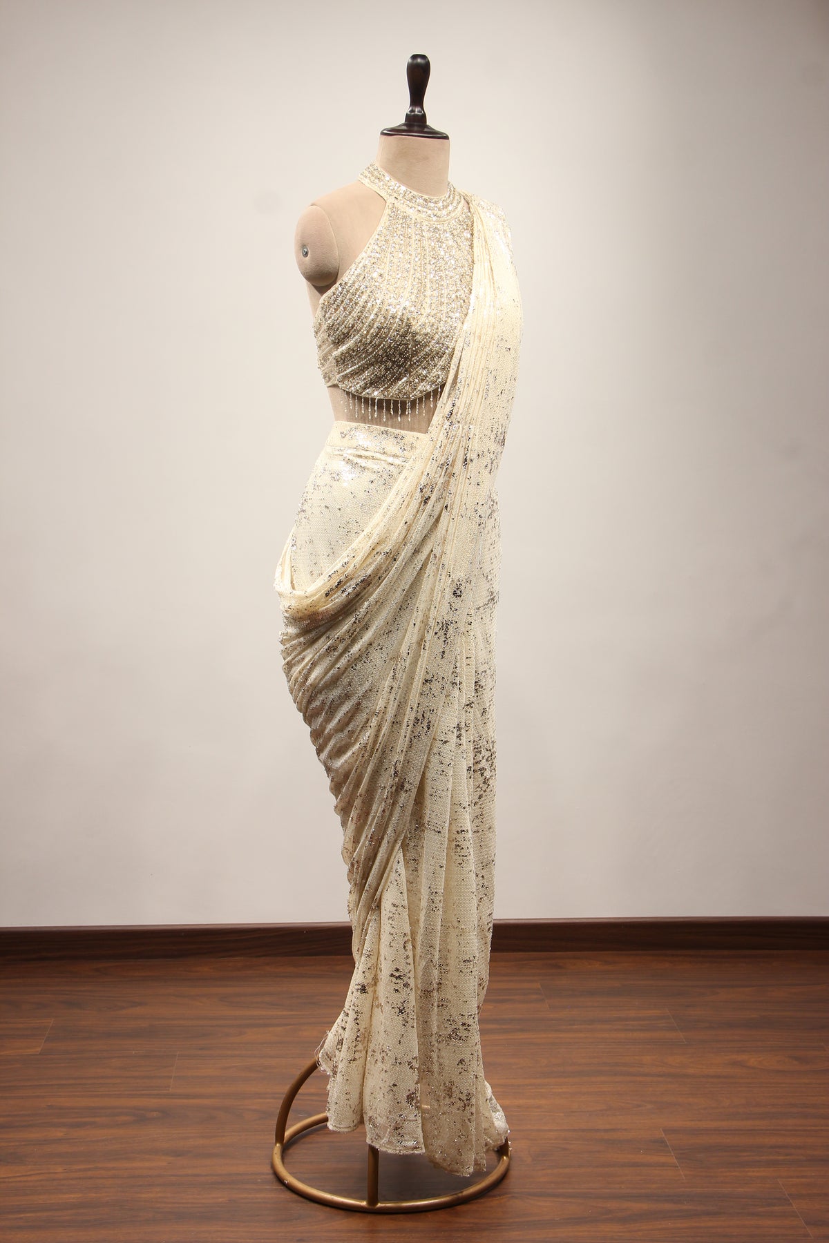 Imported Halter Neck Drape Saree with Mirror & Sequin Handwork in Cream – other side view