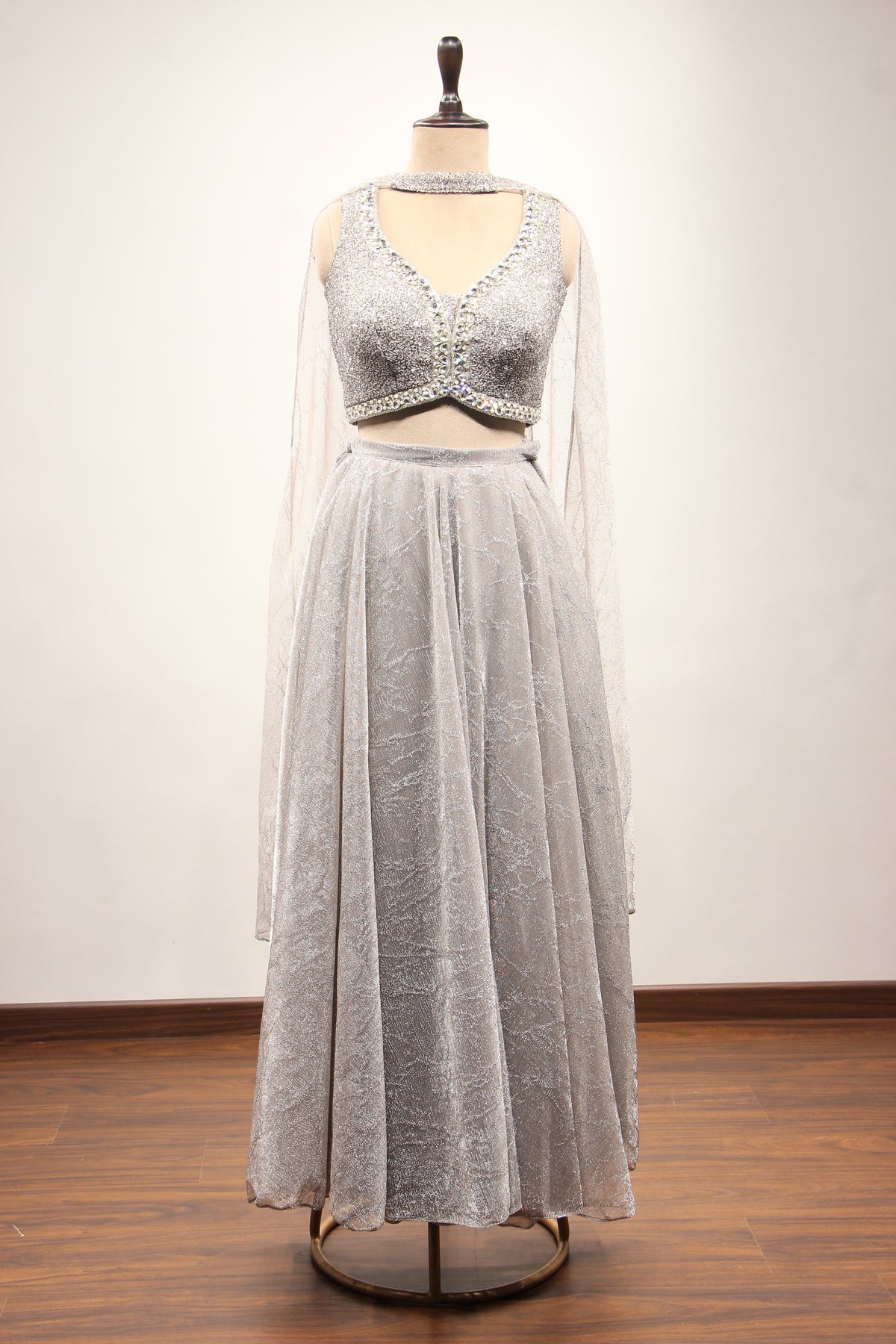 Grey Imported Indo Western Crop Top Palazzo, Hand Embroidery & Stone – front view
