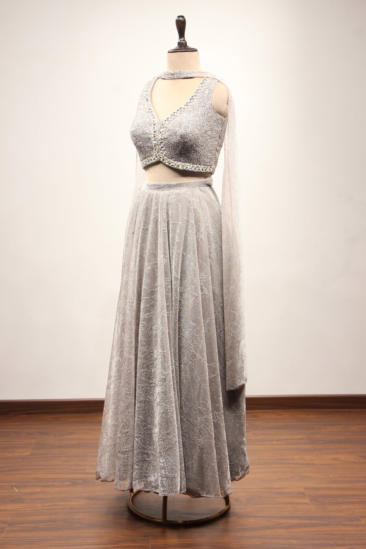 Grey Imported Indo Western Crop Top Palazzo, Hand Embroidery & Stone – side view