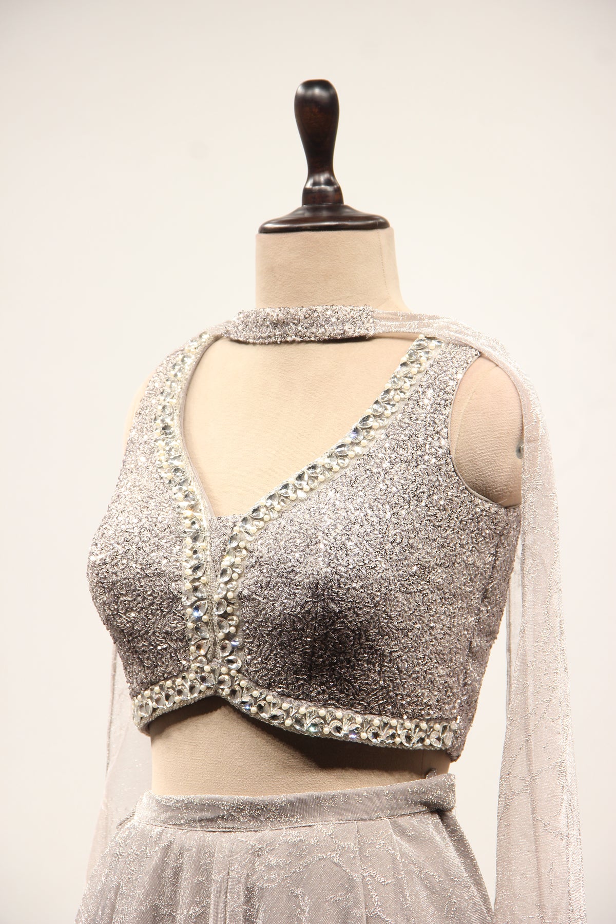 Grey Imported Indo Western Crop Top Palazzo, Hand Embroidery & Stone – side close-up