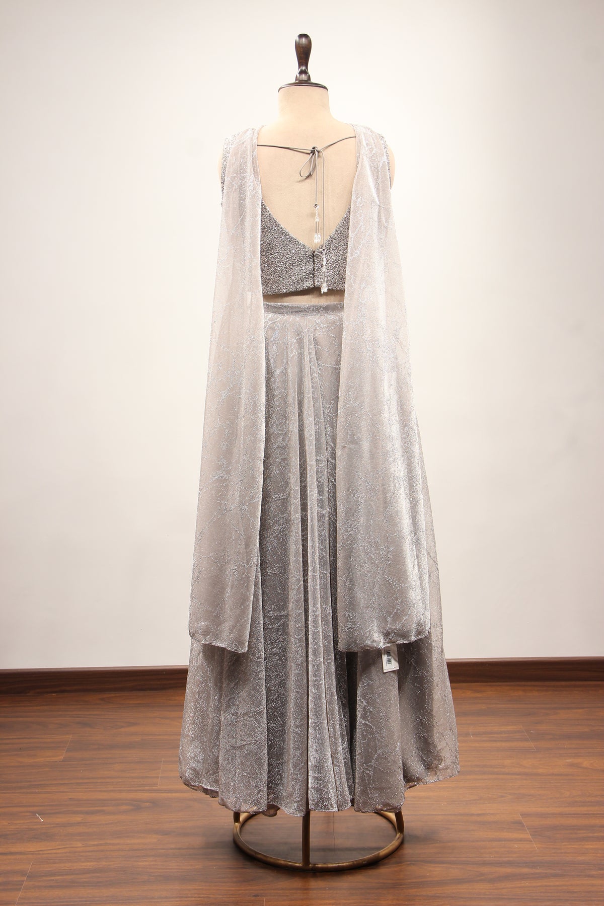 Grey Imported Indo Western Crop Top Palazzo, Hand Embroidery & Stone – back view